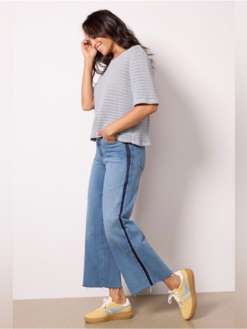 Good American Two-Tone Blue Cropped Wide-Leg Jeans